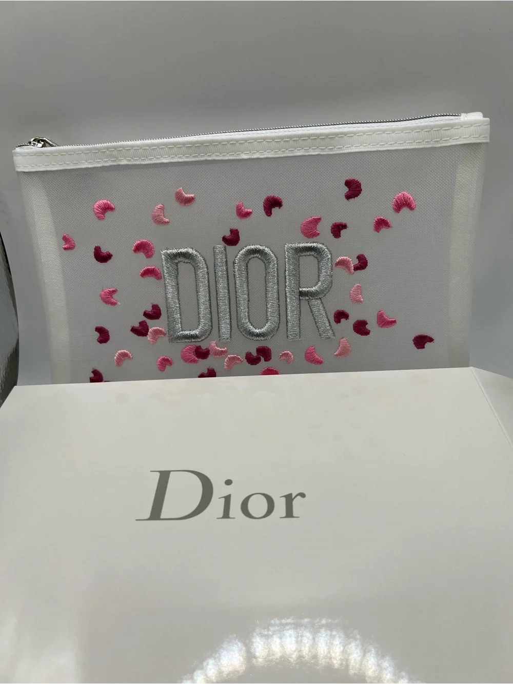 Dior White Cosmetic Pouch with Pink Embroidered Confetti